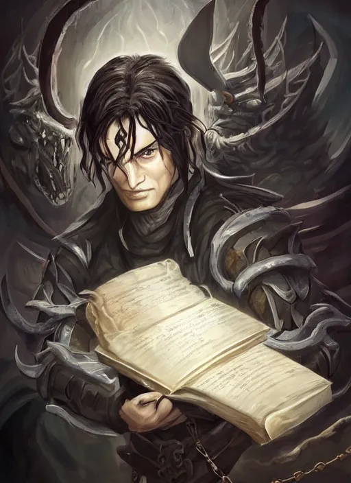 Prompt: DND character, coherent face, a man with tan skin and long straight black hair, holding an open demonic book, evil energy writhing, chains, in an ancient tomb, rogue class warrior class