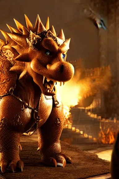 Image similar to very very intricate photorealistic photo of bowser in an episode of game of thrones, photo is in focus with detailed atmospheric lighting, award - winning details
