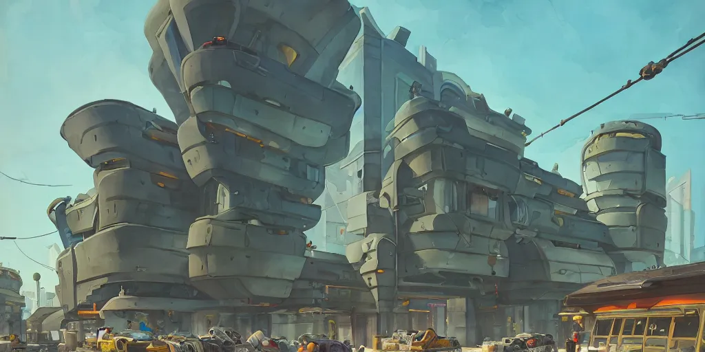 Prompt: overwatch building, stylized, exterior, architecture, in watercolor gouache detailed paintings, insanely detail, artstation, 8 k, futuristic, big medium small, arcane, simon stalenhag, food stall, interesting shapes & form, golden ratio, megastructures, vitaly bulgarov, mall