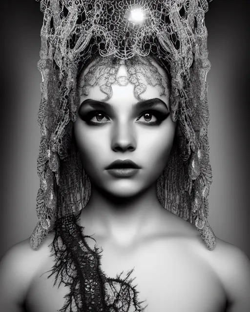 Prompt: surreal mythical dreamy artistic black and white fine art photo of a beautiful young female queen - medusa - vampire - cyborg covered with lace fish scales and translucent algae, highly detailed, intricate crystal ivy lace jelly fish scales ornate, poetic, octane render, 8 k, photo - realistic