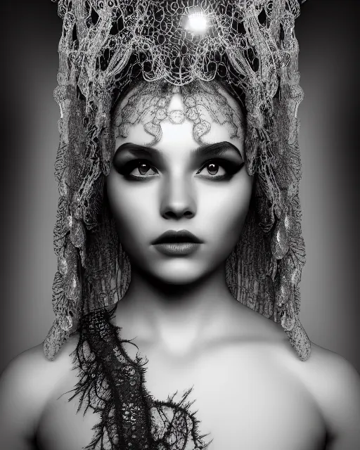 Image similar to surreal mythical dreamy artistic black and white fine art photo of a beautiful young female queen - medusa - vampire - cyborg covered with lace fish scales and translucent algae, highly detailed, intricate crystal ivy lace jelly fish scales ornate, poetic, octane render, 8 k, photo - realistic