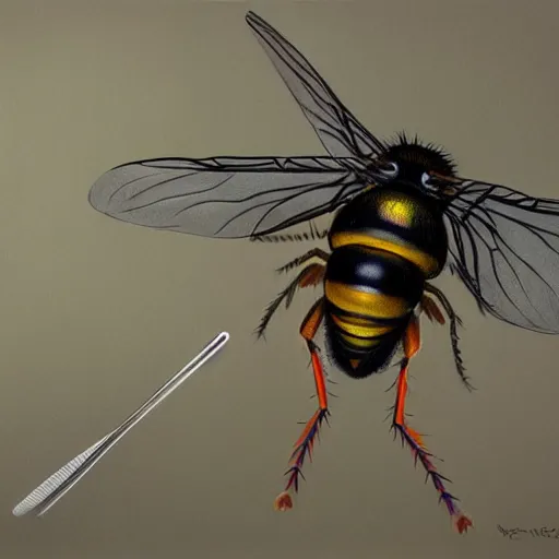 Image similar to hyperrealism painting from the housefly perspective getting swatted at from a man with a fly swatter