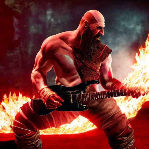 Image similar to kratos shredding on a flaming stratocaster guitar, cinematic render, god of war 2 0 1 8, santa monica studio official media, lightning, spartan rage, head turned