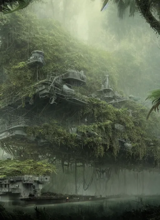 Image similar to aircraft carrier USS Nimitz overgrown with vegetation laying on the ground of a tropical forest, post appocalyptic, by Luis Royo, by Greg Rutkowski, dark, gritty, intricate, cover illustration, concept art, volumetric lighting, volumetric atmosphere, sharp focus, octane render, trending on artstation, 8k