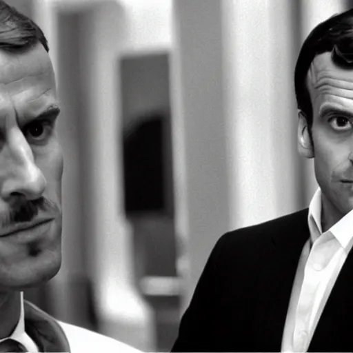 Image similar to Emmanuel Macron wearing a mustache in American Psycho (1999)