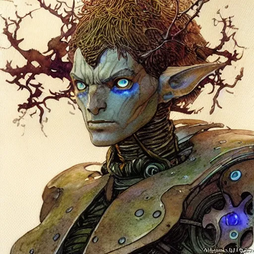 Prompt: a realistic and atmospheric watercolour fantasy character concept art portrait of a mechanized android elf as a druidic warrior wizard looking at the camera with an intelligent gaze by rebecca guay, michael kaluta, charles vess and jean moebius giraud