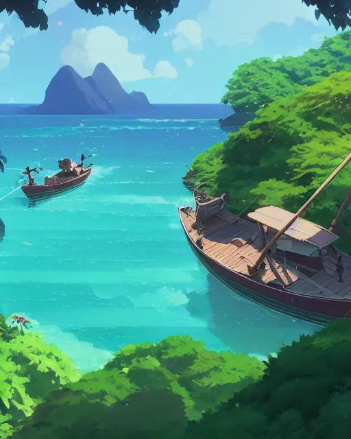 Image similar to small wooden boats around turtle shaped island, lush vegetation, azure water, glowing light, cory loftis, james gilleard, atey ghailan, makoto shinkai, goro fujita, studio ghibli, rim light, exquisite lighting, clear focus, very coherent, plain background, soft painting