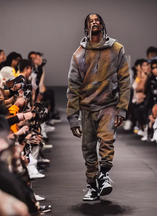 Image similar to hyperrealistic and heavy detailed nike runway show of travis scott, leica sl 2 5 0 mm, vivid color, high quality, high textured, real life