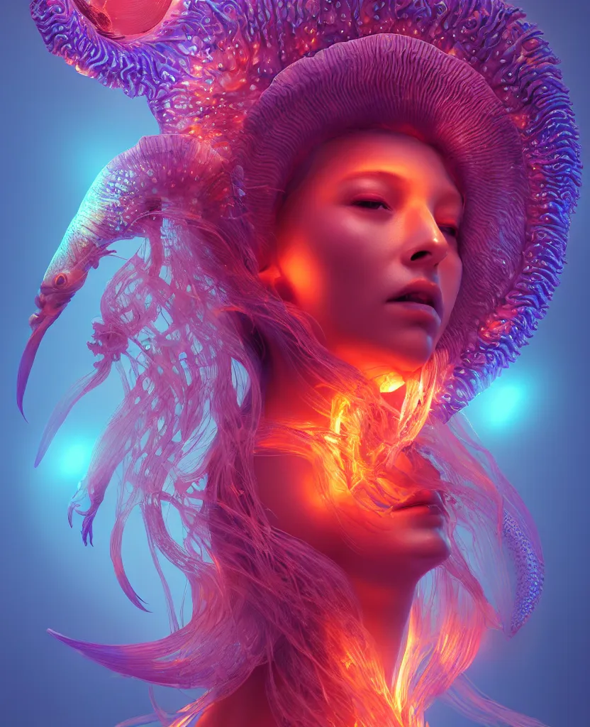 Image similar to goddess close-up portrait. chimera orchid jellyfish phoenix head, nautilus, skull, betta fish, bioluminiscent creatures, intricate artwork by Tooth Wu and wlop and beeple. octane render, trending on artstation, greg rutkowski very coherent symmetrical artwork. cinematic, hyper realism, high detail, octane render, 8k