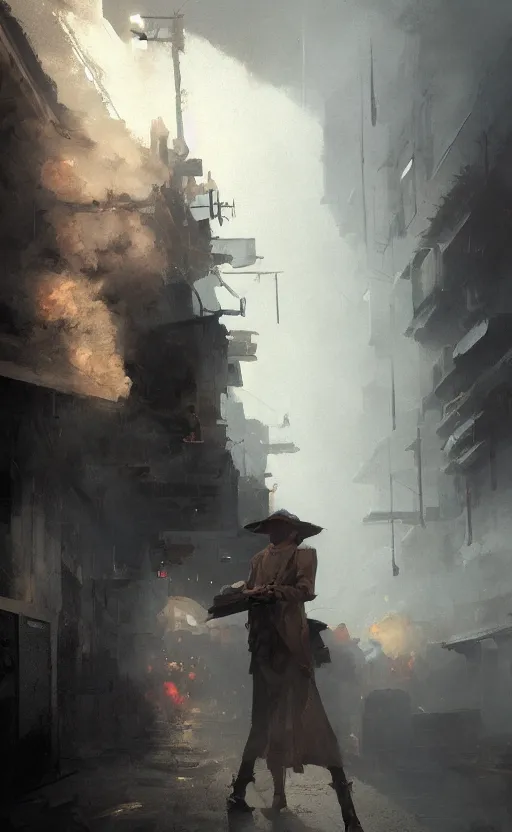 Prompt: 2 d smoke, by greg rutkowski, esuthio, craig mullins, cinematic lighting, gloomy, steampunk