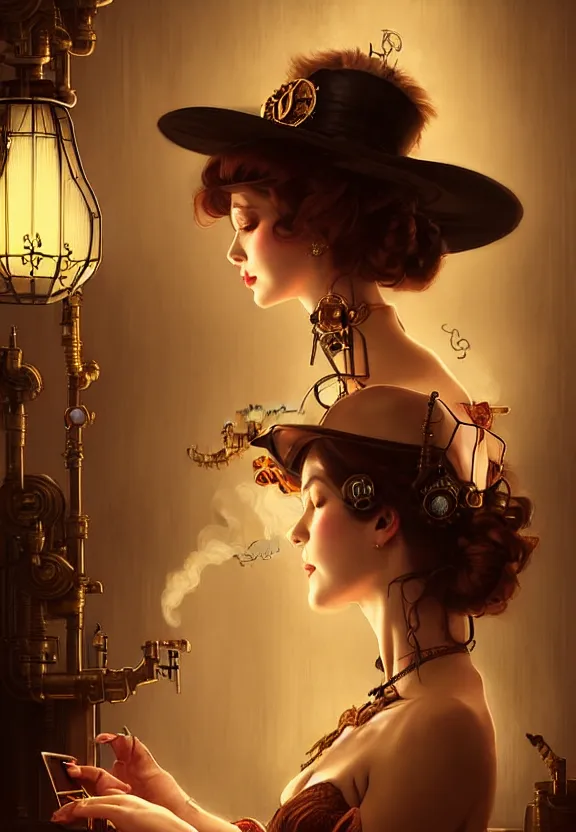 Image similar to steampunk actress preparing for a show at the smoky backstage, mirror, chinese lanterns, smoke, fantasy magic, dark light night, intricate, elegant, sharp focus, illustration, highly detailed, digital painting, concept art, matte, art by wlop and artgerm and greg rutkowski and alphonse mucha, masterpiece