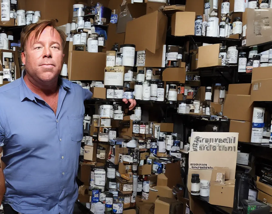 Prompt: Alex Jones inventing new conspiracy theories in his garage office, surrounded by boxes of herbal supplements, detailed photograph high quality