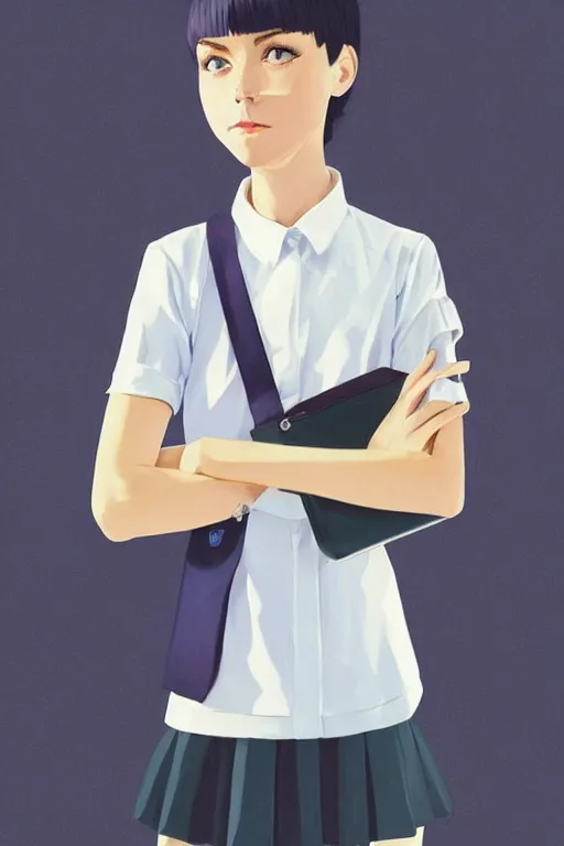 Image similar to a cute girl with shoulder - length white short hair wearing school uniform, mauve background, white hair, dark blue clothes double ball head, sharp focus, pure background color, illustration, morandi color scheme, art station, by ilya kuvshinov