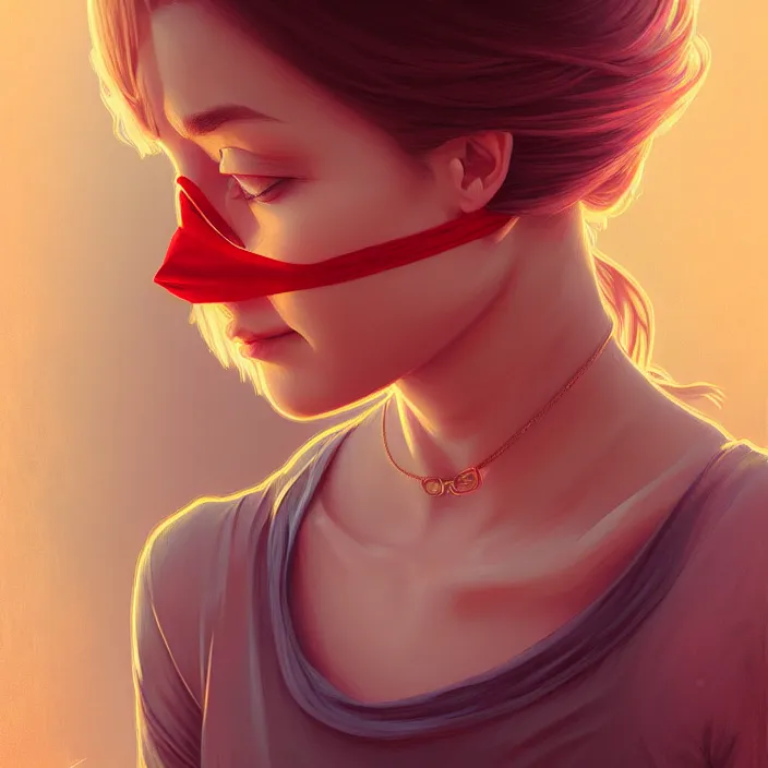 Image similar to blindfold handsome young women with shoulder length blonde hair, symmetrical, half body shot, path traced, highly detailed, high quality, digital painting, alena aenami, lilia alvarado, shinji aramaki, karol bak, alphonse mucha, tom bagshaw