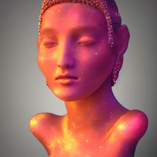 Image similar to sponge sculpture goddess of space, beauty, pretty face, glossy skin, stars, glowing, soft light, hdri, smooth, sharp focus, fantasy, intricate, elegant, highly detailed, 8 k