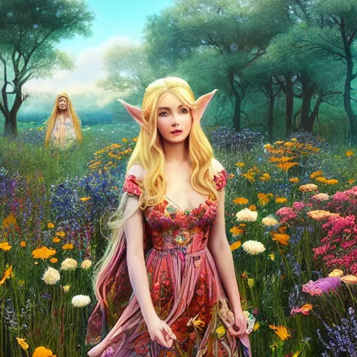 Prompt: A beautiful elf goddess with long blonde hair in a detailed floral dress, in front of a vivid field of flowers, by Larry Elmore, Tom Bagshaw, Viktoria Gavrilenko, Ilya Kuvshinov, Shin JeongHo, kiernan shipka