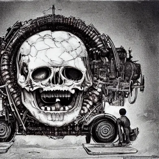 Image similar to boxcar made of human meat and bone, biomechanical railroad, highly detailed, War Photography, Pushead art, by H.R. Giger