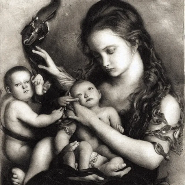 Prompt: eve holding baby over snake