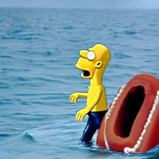 Image similar to A movie still of Homer Simpson in Jaws (1975), 4k, 35mm, promo shoot, award winning