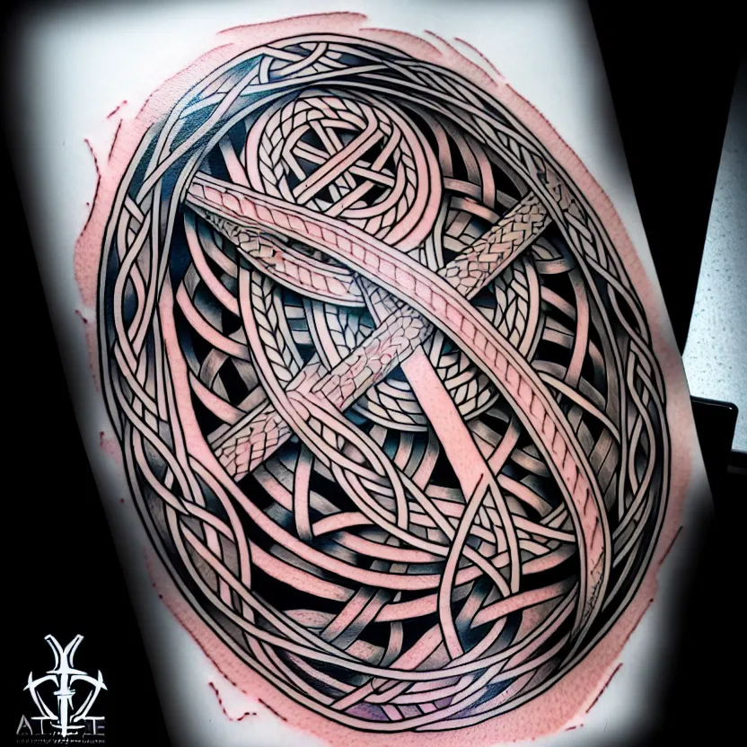 Image similar to shaded tattoo design, minimalist, knotwork with center viking warrior, extremely detailed, bold line art, by vincent di fate and joe fenton and artgerm, holding shield and sword, centered, inking, etching, screen print, inkblots of color, masterpiece, trending on artstation, sharp, high contrast, hyper realistic, hd, 4 k, 8 k