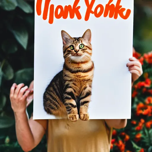 Image similar to cat tabby orange fluffy holding a sign that says