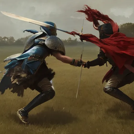 Prompt: A fierce duel between two knights on a battlefield, by Greg Rutkowski, cinematic