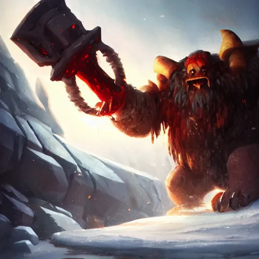 Image similar to ornn with beard the molten god ram of forge with his anvil in the ice world by greg rutkowski