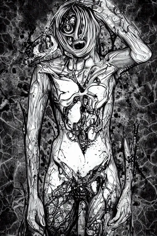 Prompt: black and white illustration, creative design, body horror, monster