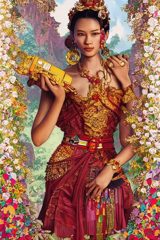 Prompt: hand holding a lego, portrait of a beautiful indonesian supermodels wearing traditional costume, highly detailed, digital painting, artstation, concept art, sharp focus, illustration, art by kittichai rueangchaichan and james gurney and alphonse mucha