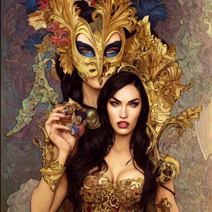 Image similar to megan fox wearing venetian carnival masks by artgerm, greg rutkowski, alphonse mucha