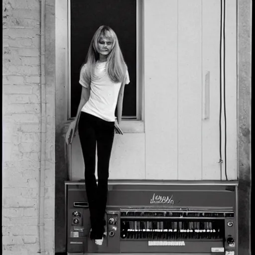 Image similar to stunning symmetrical portrait of beautiful smiling brigitte bardot in front of a tall synthesizer music studio, high contrast grainy blank and white photography print ilford warm tone, huge modular synthesizer moog