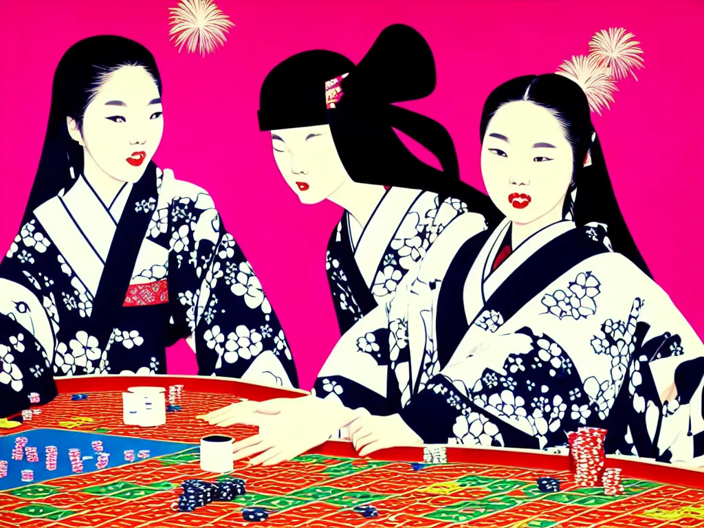 Image similar to hyperrealistic composition of the detailed woman in a japanese kimono sitting at a poker table with darth vader, fireworks, beautiful mountain in the background, pop - art style, jacky tsai style, andy warhol style, acrylic on canvas