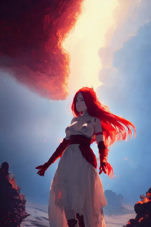 Prompt: highly detailed portrait of a young fire princess near a volcano, wavy vibrant red hair, white lace dress, cinematic lighting, dramatic atmosphere, by Dustin Nguyen, Akihiko Yoshida, Greg Tocchini, Greg Rutkowski, Cliff Chiang, 4k resolution, nier:automata inspired, bravely default inspired, volcano background