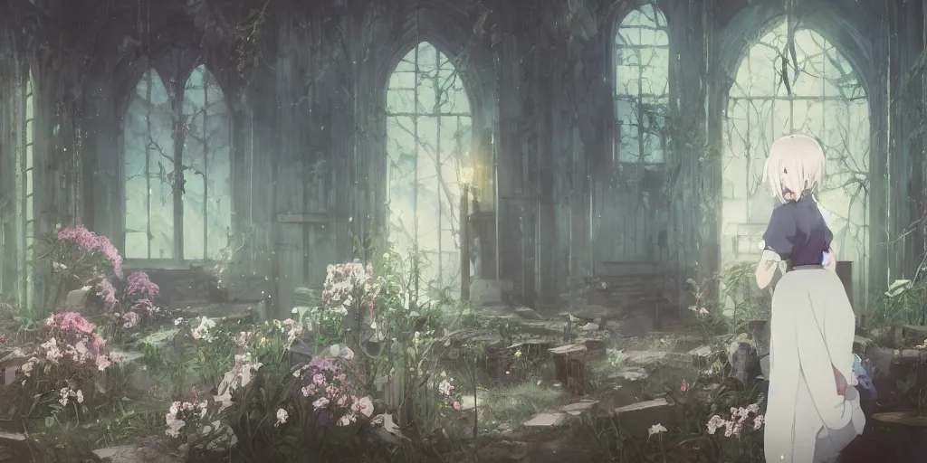 Prompt: anime kyoto animation key by greg rutkowski night, single white hair girl from behind, in abandoned chapel with overgrown flowers and plants