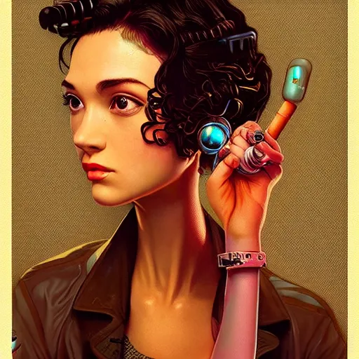 Prompt: Lofi vaporwave cyberpunk portrait woman with short brown curly hair, Pixar style, Tristan Eaton, Stanley Artgerm, Tom Bagshaw