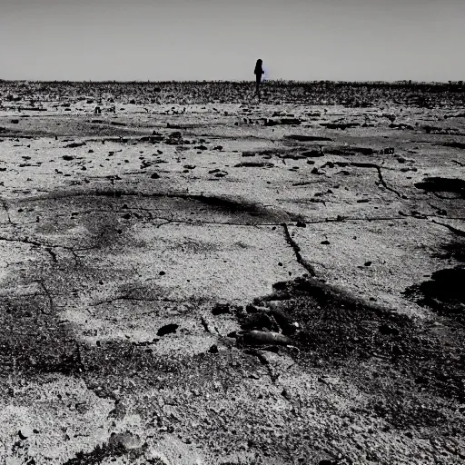 Prompt: a photo of a place where the desert meets the ocean, a ruined city in view, a survivor looks into the camera W 1024