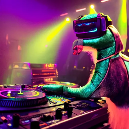 Image similar to A humanoid platypus performing a DJ set in a nightclub, underground magazine, indie culture, bright lights, crowded