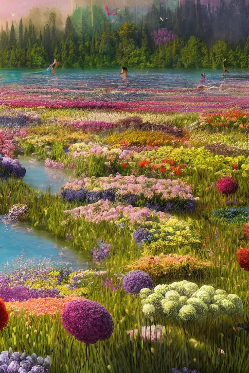 Prompt: a florist arranging a festival on a lake of flowers by dominik mayer and scott fischer, digital art, highly detailed, wide shot, intricate, fantasy, mystical, sharp focus, Trending on Artstation HQ, deviantart, unreal engine 5, 4K UHD image