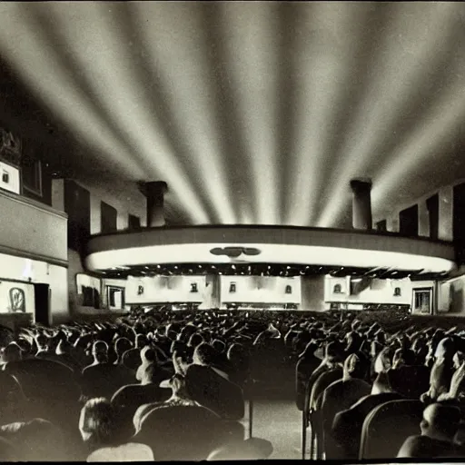 Prompt: full 1 9 5 0's movie theatre, audience all wearing vr headsets. image taken at front of theatre looking towards the crowd. dark only light coming from the screen. audience illuminated