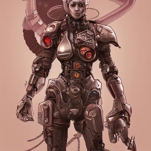 Image similar to lineart, colour, cyborg, full body, steampunk, hyperdetailed, artstation