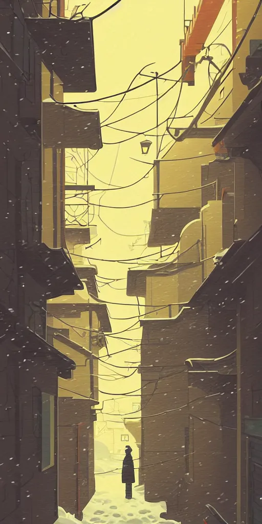 Image similar to tokyo alleyway, snowy day, lights, by cory loftis, makoto shinkai, hasui kawase, james gilleard, beautiful, serene, peaceful, lonely, golden curve composition
