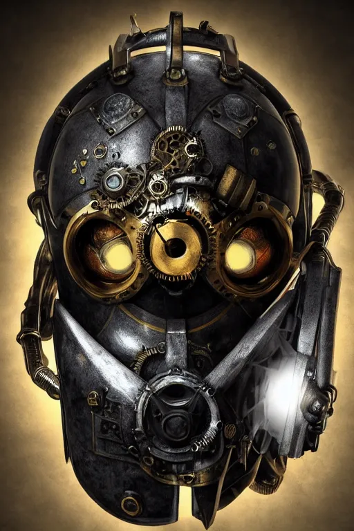 Image similar to steampunk mask minimalist fantasy art robot ninja helmet, global illumination ray tracing hdr fanart arstation by sung choi and eric pfeiffer and gabriel garza and casper konefal radiating a glowing aura