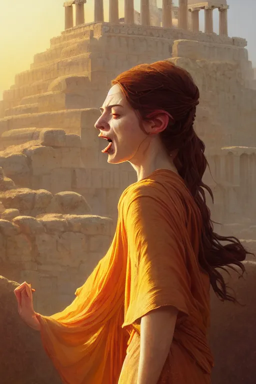 Image similar to high detail portrait, screaming woman wearing an ancient greek yellow paper tunic, stephen bliss, fantasy art by greg rutkowski, rhads, ferdinand knab, makoto shinkai and lois van baarle, ilya kuvshinov, rossdraws, tom bagshaw, global illumination, radiant light, ancient greek temple ruins, orange and blue color theme