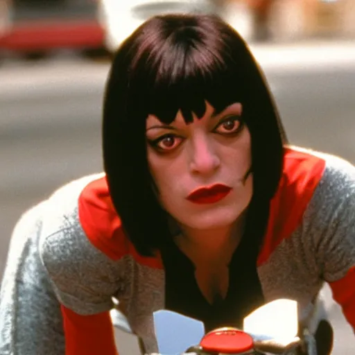 Prompt: Mia wallace from pulp fiction riding a bike