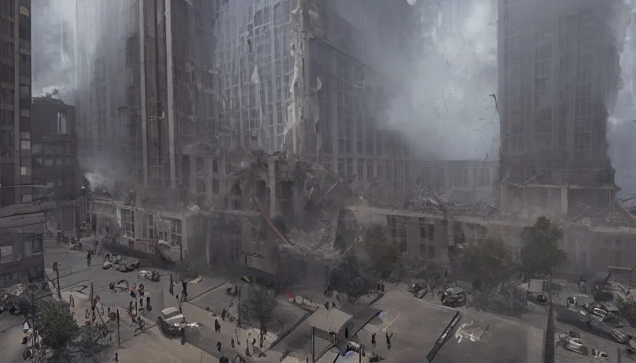 Prompt: Movie scene of people watching buildings collapsing in Chicago, lot of dust and fire, hyperdetailed, artstation, cgsociety, 8k