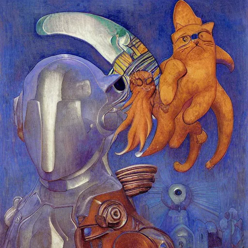 Image similar to cloisonne sculpture of a cat in a spacesuit, by annie swynnerton and diego rivera and nicholas roerich and jean delville, symbolist, dramatic lighting, god rays, art brut, rich colors, smooth, sharp focus, extremely detailed, adolf wolfli, by janet fish and ( donato giancola and bilibin )