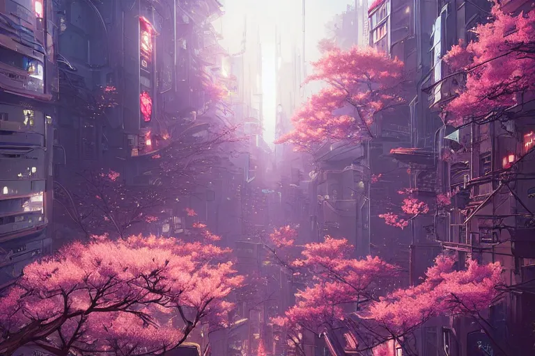 Image similar to cyberpunk city, cherry blossoms, unreal engine, fantasy art by greg rutkowski, loish, rhads, ferdinand knab, makoto shinkai and lois van baarle, ilya kuvshinov, rossdraws, tom bagshaw, global illumination, radiant light, detailed and intricate environment