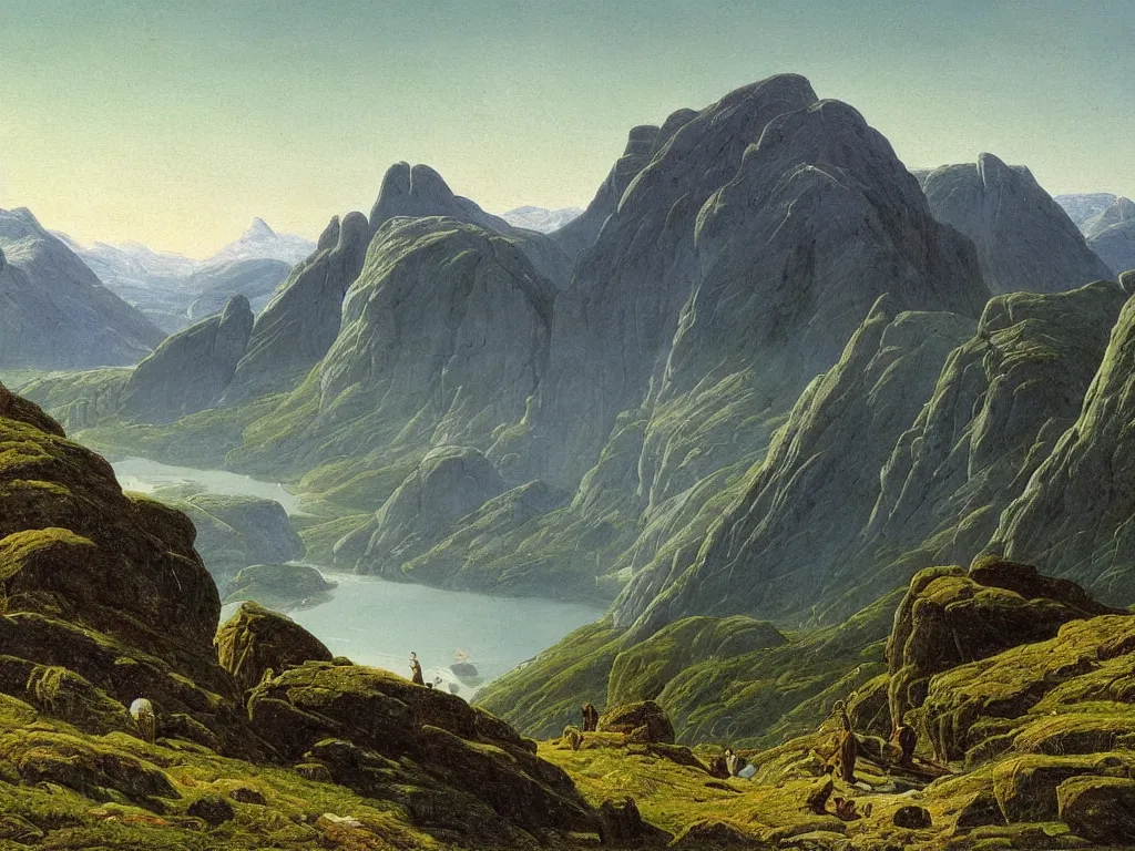 Image similar to a painting of a majestic mountainous landscape in norway in spring by caspar david friedrich, high detail,