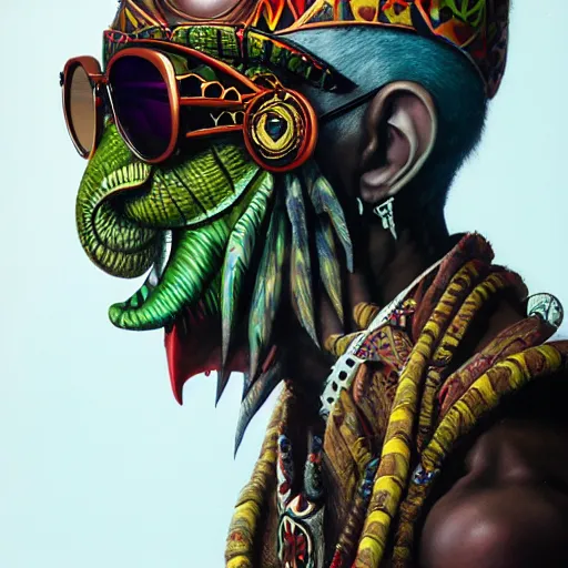 Prompt: side profile of barong family member with ray - ban sunglasses, wiwek, mara demon, one single tribe member, jungle, one single mask, dark, voodoo, witch doctor, snake, tribal, inner glow, paint by peter mohrbacher