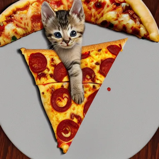 Image similar to kitten riding a slice of pizza across the galaxy